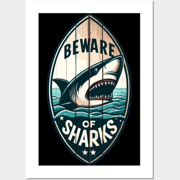 Beware of Sharks retro vintage Wall Art by TomFrontierArt